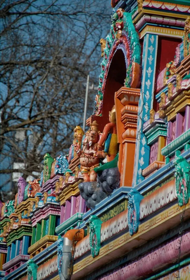 LUMIX G VARIO 14-140/F3.5-5.6 · 135mm · ISO 400 · 1/592s · f/5.7 Brightly painted figures on a Hindu temple facade, captured with Caira