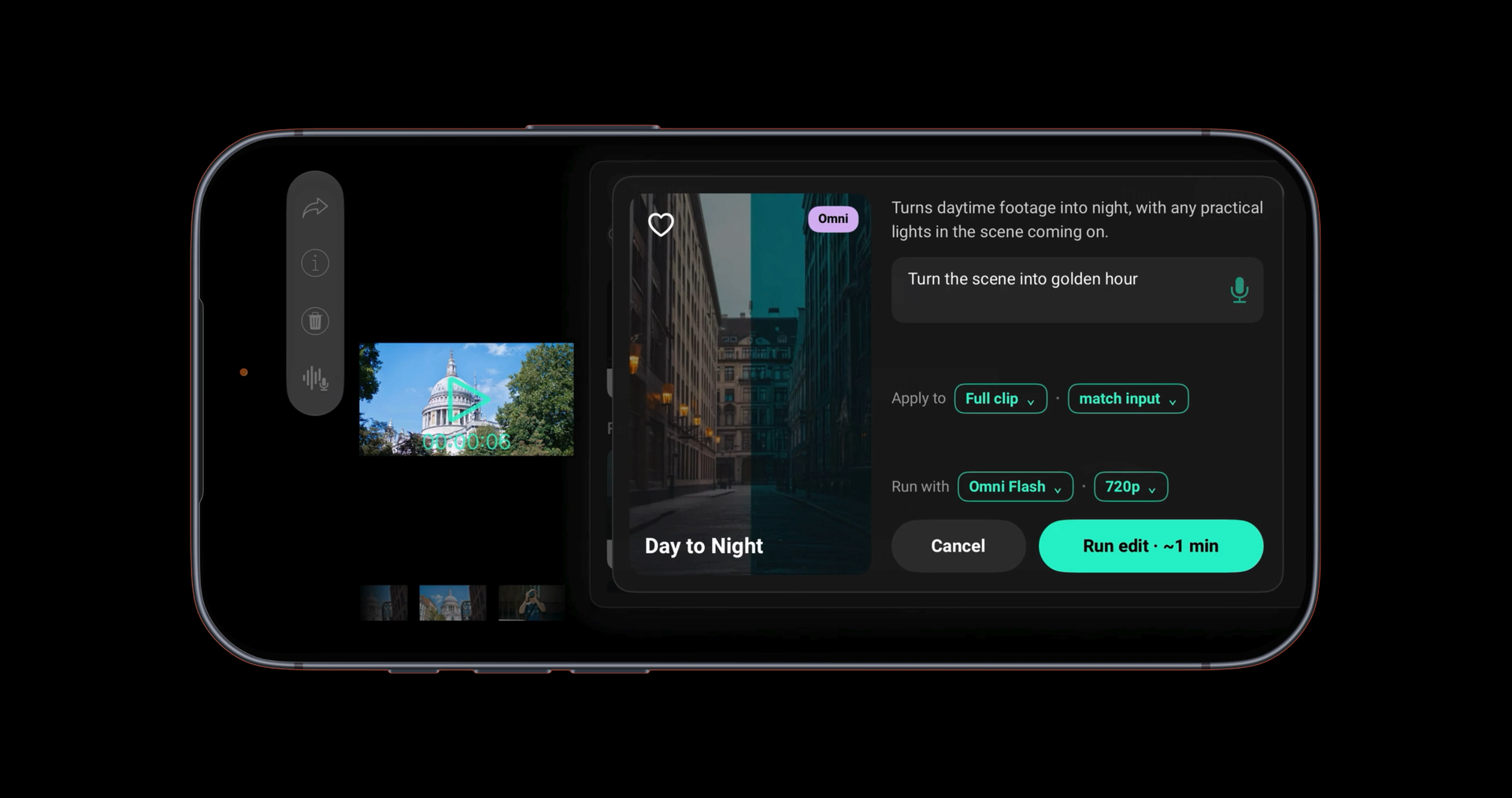 Caira app on a smartphone — Day to Night generative video edit with the prompt 'Turn the scene into golden hour'