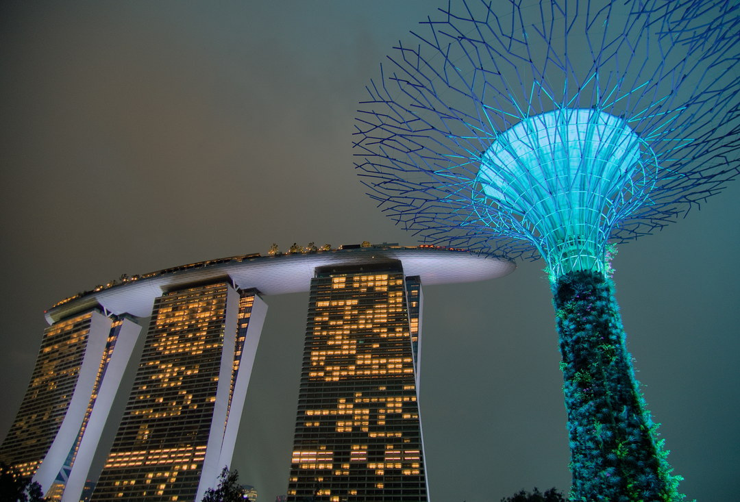 Marina Bay Sands and Supertree Grove lit at night, captured handheld with Caira