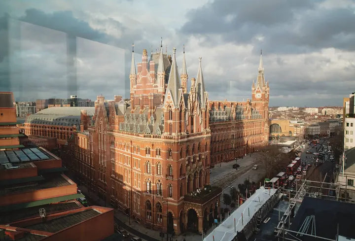St Pancras, London, in low golden light from a rooftop